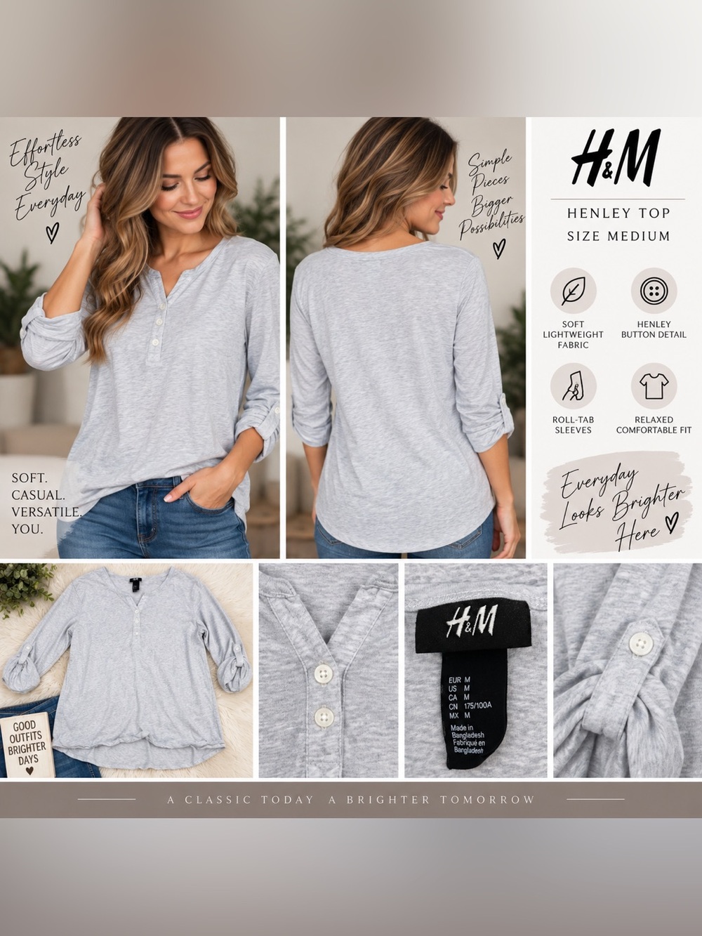 H&M Light Gray Henley Roll-Tab Sleeve Tee